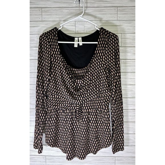 Meadow Rue Womens Josalyn Tie Front Blouse Size Medium Black Tan Long Sleeve Top - Picture 1 of 8